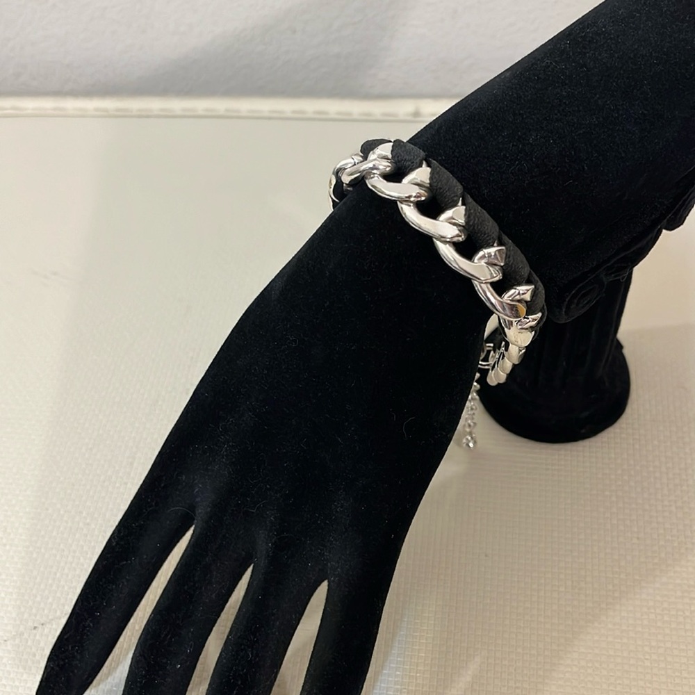 Silver Chain Black Ribbon Wrapped Bracelet
